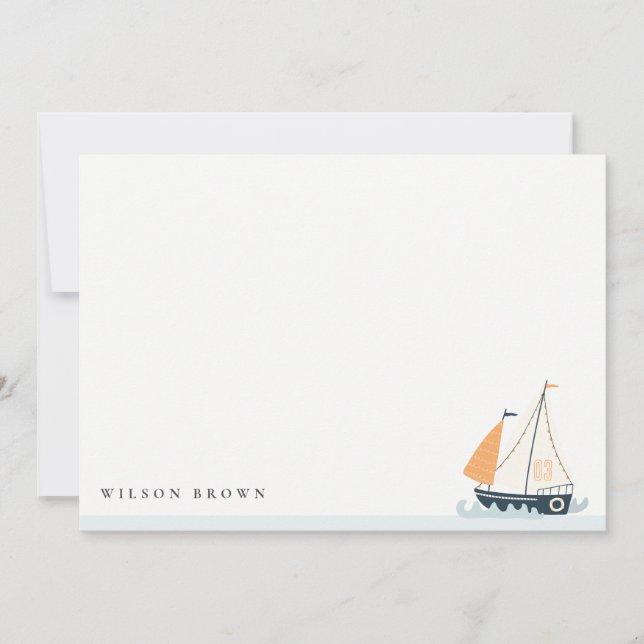 Cartão De Notas Azul Náutico Fofo Barco à Vela Pastel Aniversário  (Frente)