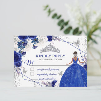 Cartão De Notas Azul Real Prata Princesa Quinceañera Sweet 16