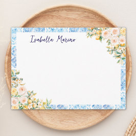 Cartão De Notas Azulejos Azuis Mediterrâneos Monogramados Flor Lim
