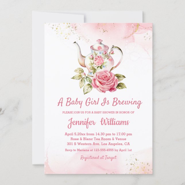 Cartão De Notas baby girl is brewing pink tea party invitation  (Frente)
