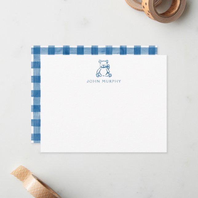 Cartão De Notas Baby Note Card, Blue Teddy Bear Gingham Flat (Frente/Verso In Situ)