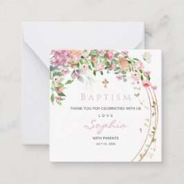 Cartão De Notas Baptism Pink Watercolor Floral Girl Obrigado
