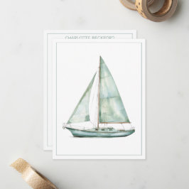 Cartão De Notas Barco à Vela Aquarela Azul Costeira Personalizada
