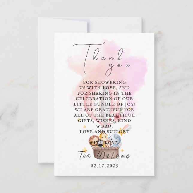 Cartão De Notas Bebês animais num balão de ar quente Obrigado Nota (Frente)