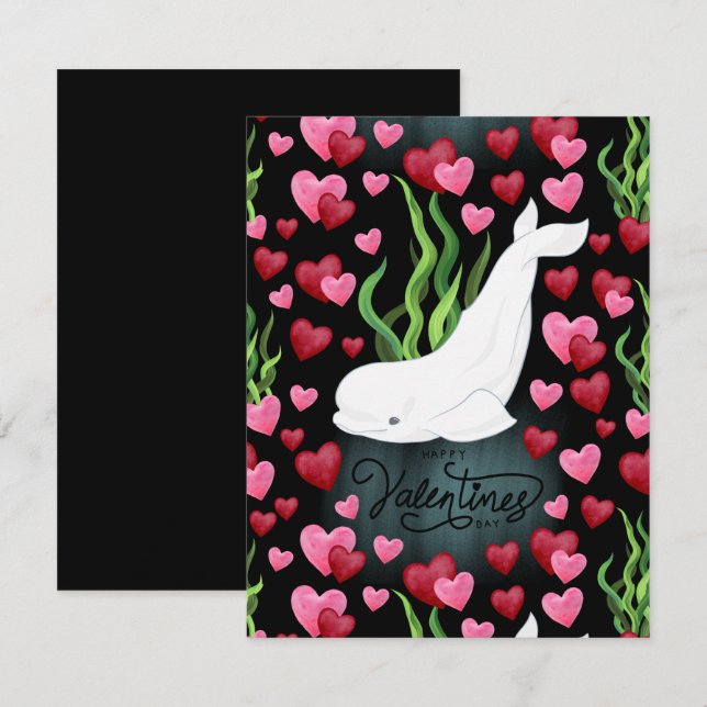 Cartão De Notas Beluga Whale Love Valentine’s Day Card in Black (Frente/Verso)