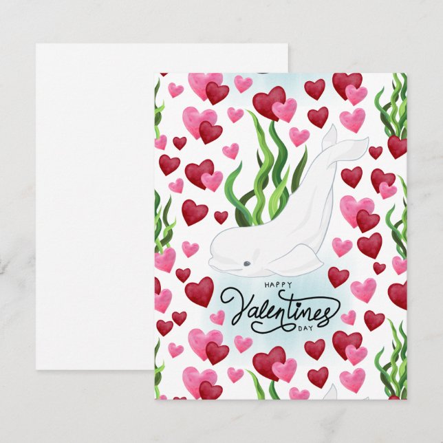 Cartão De Notas Beluga Whale Love Valentine’s Day Card in White (Frente/Verso)