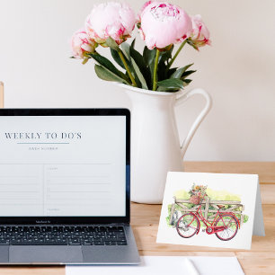 Cartão De Notas Bicicleta Vermelha com Notecard de Aquarela Flores