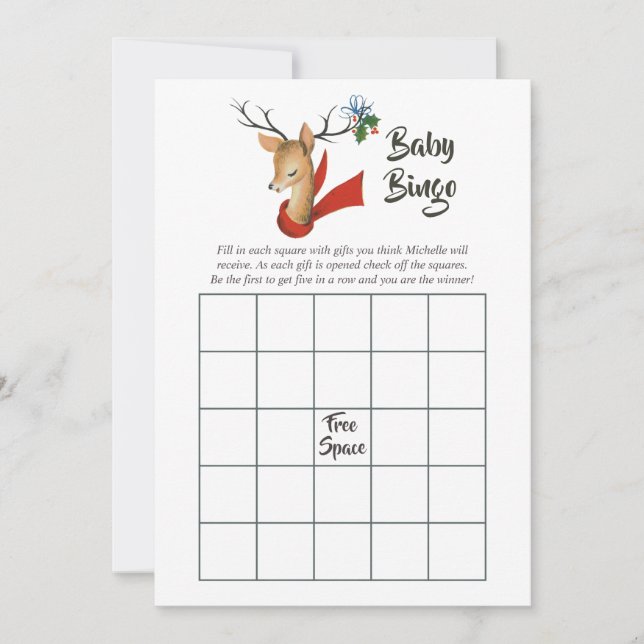 Cartão De Notas Bingo de Chá de Bebê de Natal com Rena Antiga Vint (Frente)