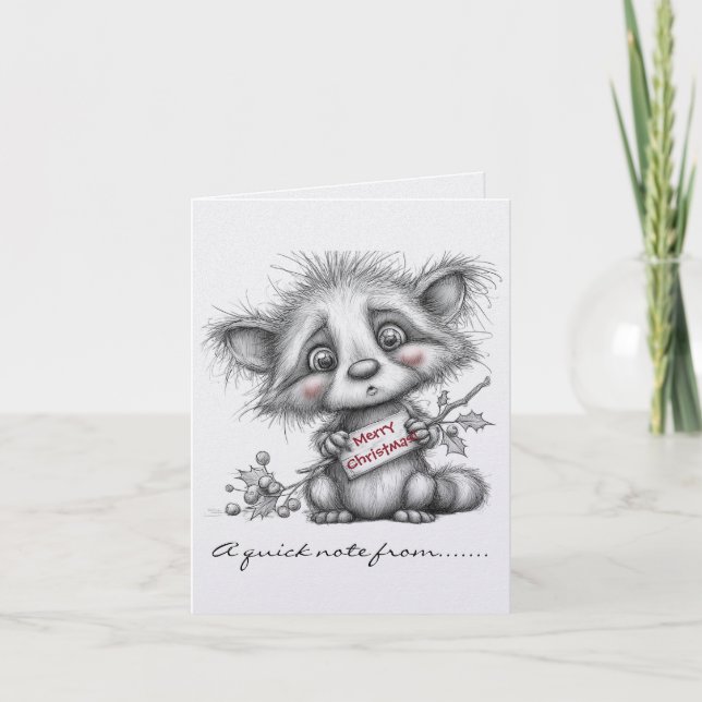 Cartão De Notas Black and White Raccoon Merry Christmas Sign (Frente)