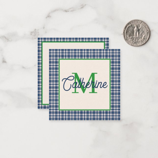 Cartão De Notas Blue and Green Gingham Plaid Tartan Monogram (Frente/Verso In Situ)