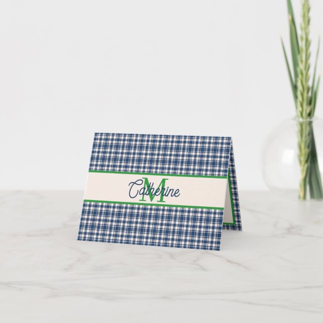 Cartão De Notas Blue and Green Gingham Plaid Tartan Monogram (Frente)