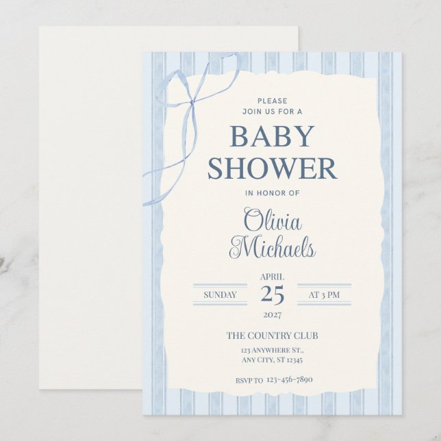 Cartão De Notas Blue Bow Minimalist Baby Shower Invitation (Frente/Verso)