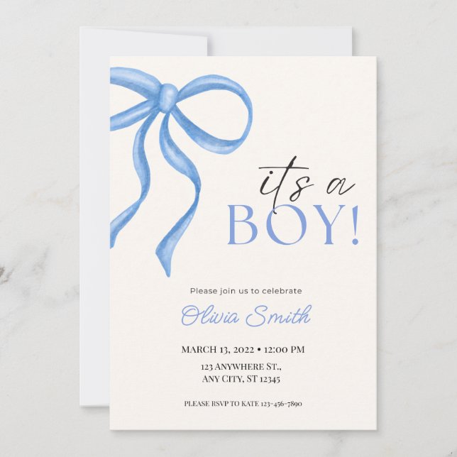 Cartão De Notas Blue Bow Minimalist Baby Shower Invitation (Frente)