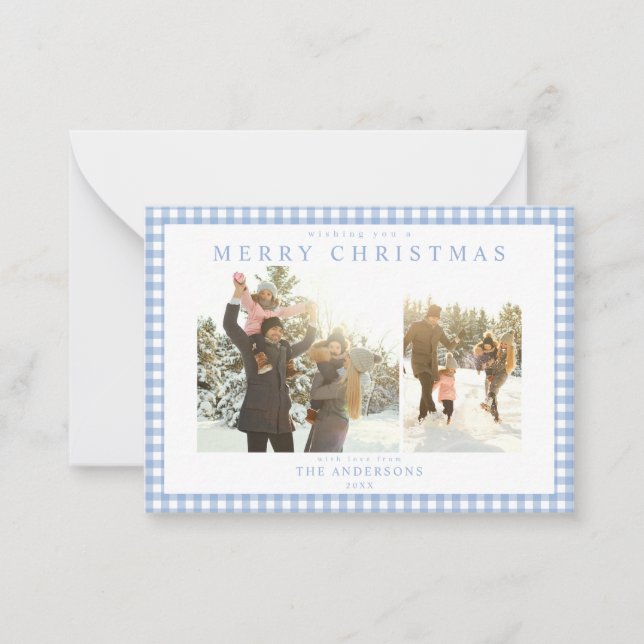 Cartão De Notas Blue Gingham Plaid Two Photo Mini Holiday Card (Frente)
