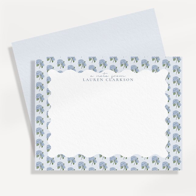 Cartão De Notas Blue Hydrangea Floral Wavy Border Note Card (Criador carregado)