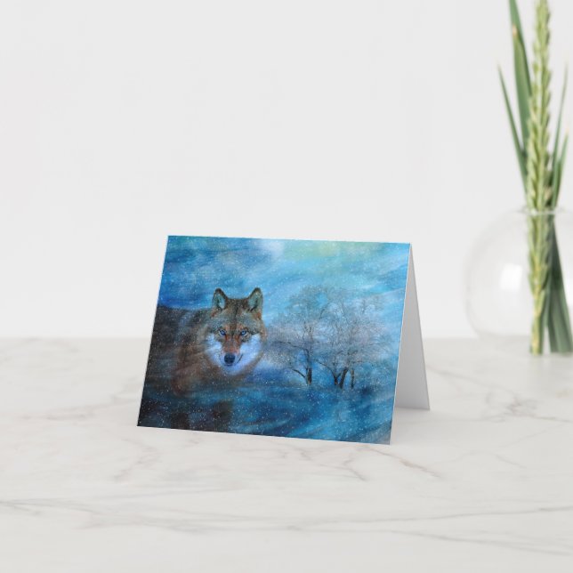 Cartão De Notas Blue Wolf Winter Forest Wildlife Painting (Frente)