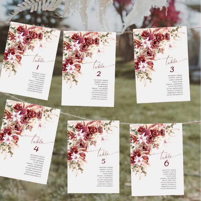 Cartão De Notas Boho Burgundy Blush Wedding Table Number Card (Criador carregado)