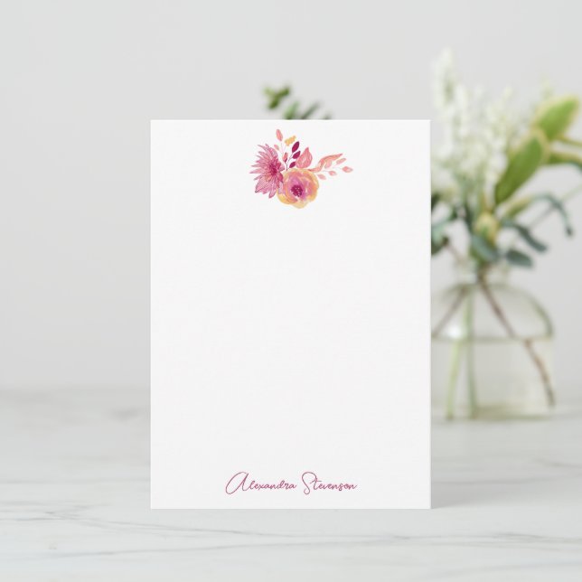 Cartão De Notas Boho Magenta Flores Personalizadas Papel de Carta (Em pé/Frente)