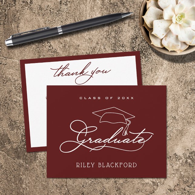 Cartão De Notas Boné de formatura Dark Maroon Obrigado (Graduation cap on dark maroon flat thank you note cards have room for your message on the back.)