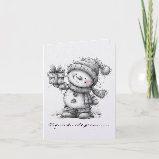 Cartão De Notas Boneco de Neve Preto e Branco e Presente (Frente)