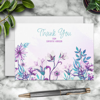 Cartão De Notas Bonito Lilac/Teal Watercolor Floral Personalizado