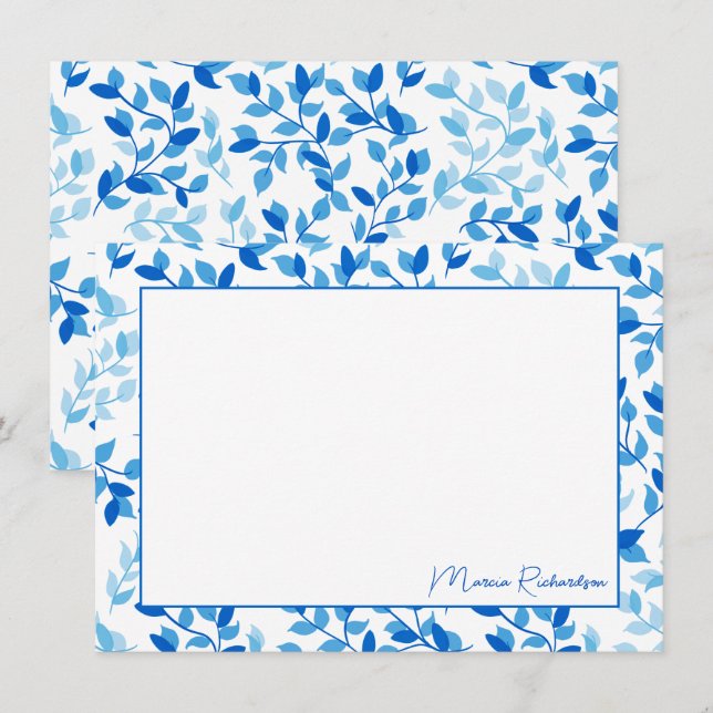 Cartão De Notas Bonito Script Moderno de Florais Azul Personalizad (Frente/Verso)