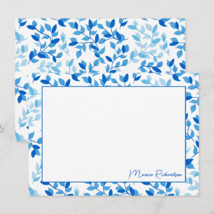 Cartão De Notas Bonito Script Moderno de Florais Azul Personalizad