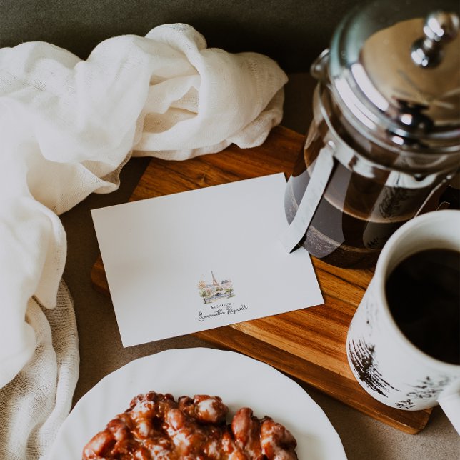 Cartão De Notas Bonjour Personalized Parisian Watercolor (Criador carregado)