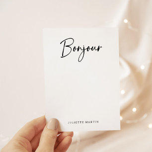 Cartão De Notas Bonjour Script francês Elegante preto-e-branco