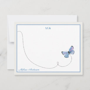 Cartão De Notas Borboleta Azul Aquarela Nome do Monograma de Voo