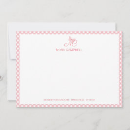 Cartão De Notas Borboleta Elegante Monograma Peach Rosa Gingham