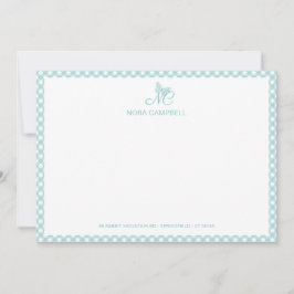 Cartão De Notas Borboleta Elegante Monograma Turquoise Gingham