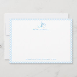 Cartão De Notas Borboleta Elegante Monograma Xadrez Azul Gingham