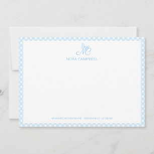 Cartão De Notas Borboleta Elegante Monograma Xadrez Azul Gingham