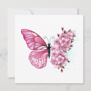 Cartão De Notas Borboleta Flor com Sakura Rosa