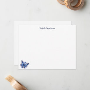 Cartão De Notas Borboleta Floral Elegante em Aquarela Azul