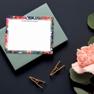 Cartão De Notas Borda Floral Laranja marinho Cor-De-Rosa Boho Com 