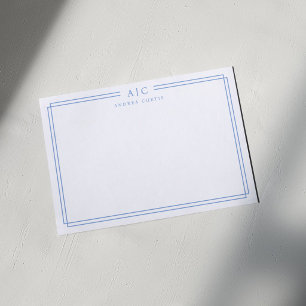 Cartão De Notas Borda Geométrica Azul Claro com Monograma Simples 