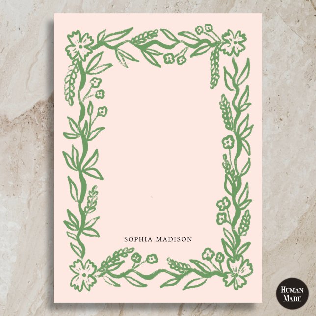 Cartão De Notas Borda Ondulada Floral Rosa Verde (Criador carregado)
