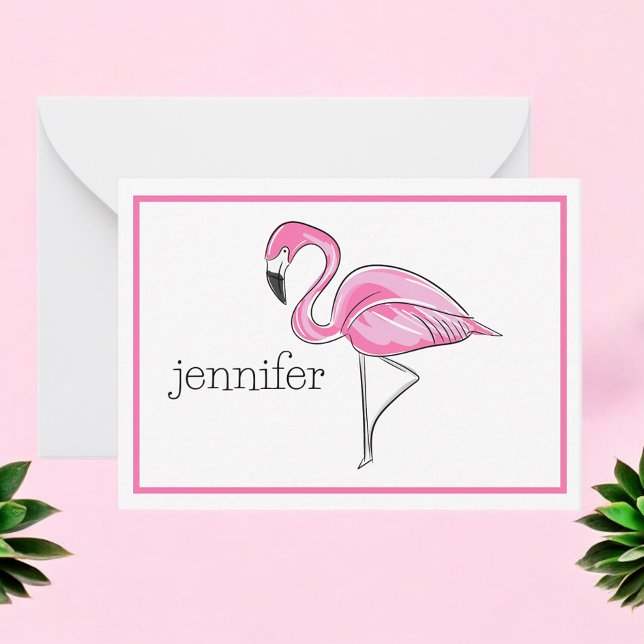 Cartão De Notas Borda Personalizada do Flamingo Rosa Preppy (Criador carregado)