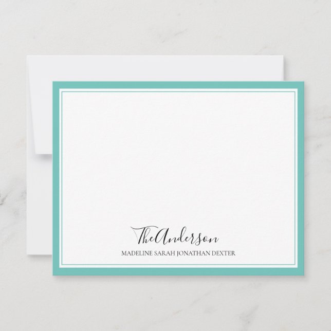 Cartão De Notas Borda Quadrada do Teal da Família de Script Elegan (Frente)