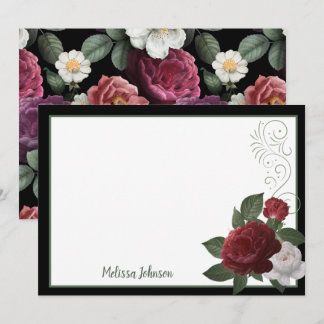 Cartão De Notas Borgonha Elegante e Floral Rosa Personalizado