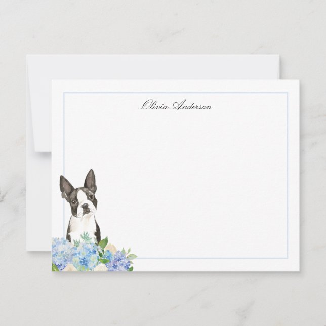 Cartão De Notas Boston Terrier Blue Hydrangea Personalizada (Frente)