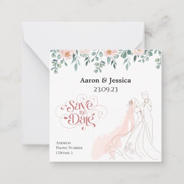 Cartão De Notas Bride Floral e Ilustração de Groom Salvem a Data (Frente)