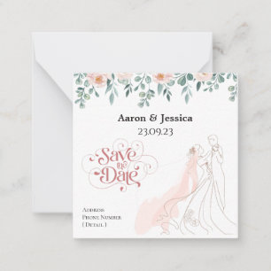Cartão De Notas Bride Floral e Ilustração de Groom Salvem a Data