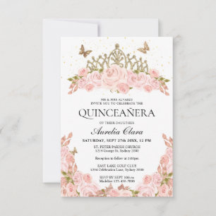 Cartão De Notas BUDGET Blush Dourado Floral Rosa Tiara Quinceanera