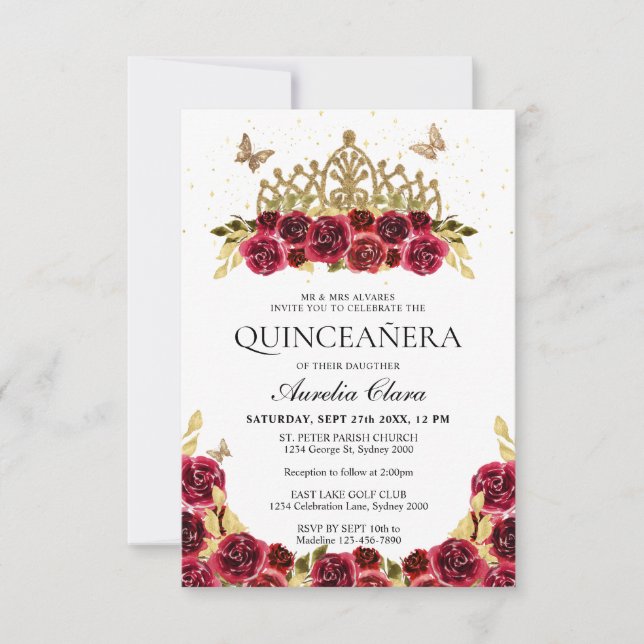 Cartão De Notas BUDGET Elegante Red Floral Dourado Tiara Quinceane (Frente)