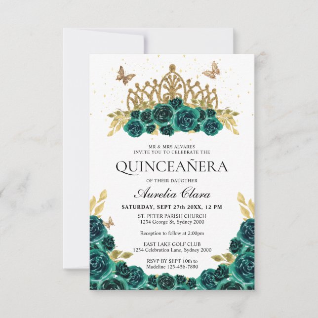 Cartão De Notas BUDGET Elegante Verde Floral Dourada Tiara Quincea (Frente)