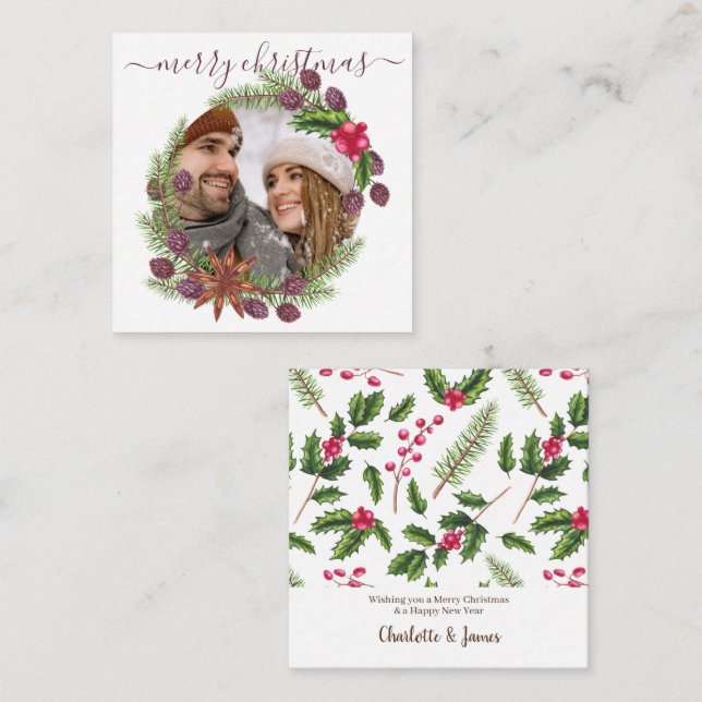 Cartão De Notas BUDGET Foto personalizada de Natal Holly Wreath (Frente/Verso)