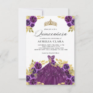 Cartão De Notas BUDGET Glam Purple Dress Floral 15 Quinceañera